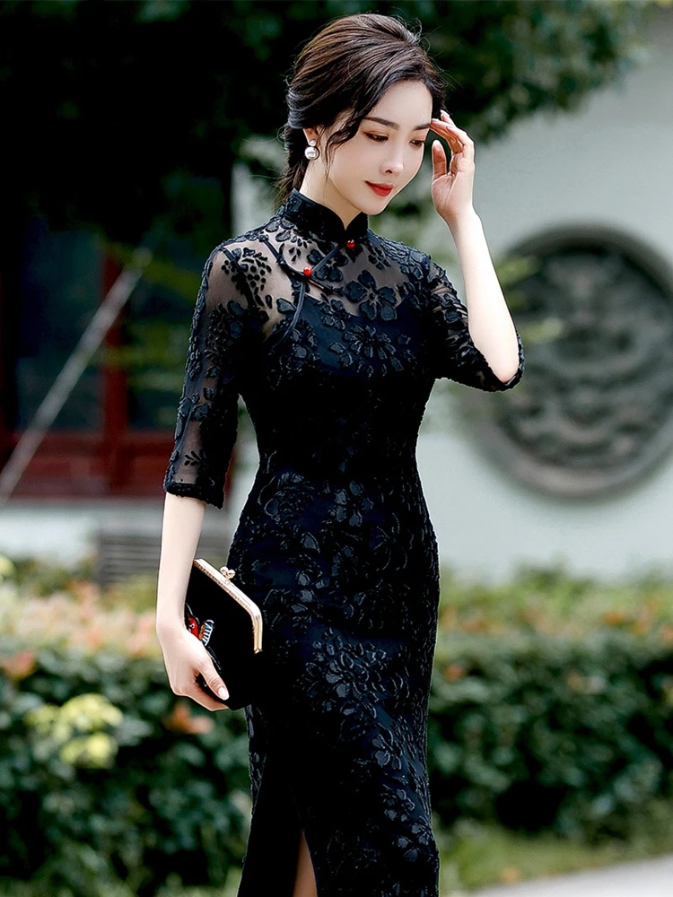 

Chinese Style Women's Traditional Dress Retro Old Shanghai Style Long Cheongsam with 3/4 Sleeve Lace Summer Dress