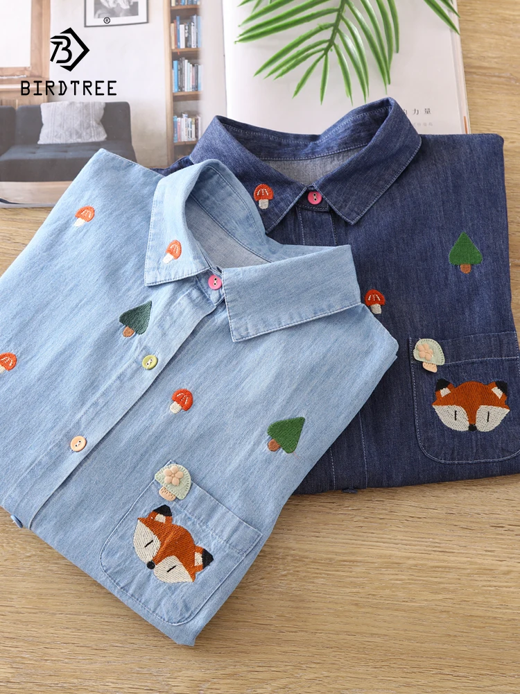 

New 2025 Summer Denim Long Sleeve Shirt, Women Turn-down Collar Embroidery, Mori Girl Sweet Preppy Style Loose Blouse T54037CC