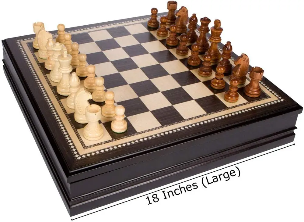 Inlaid Wood Chess Board Game with Weighted Wooden Pieces, Large 18 x 18 Inch Set