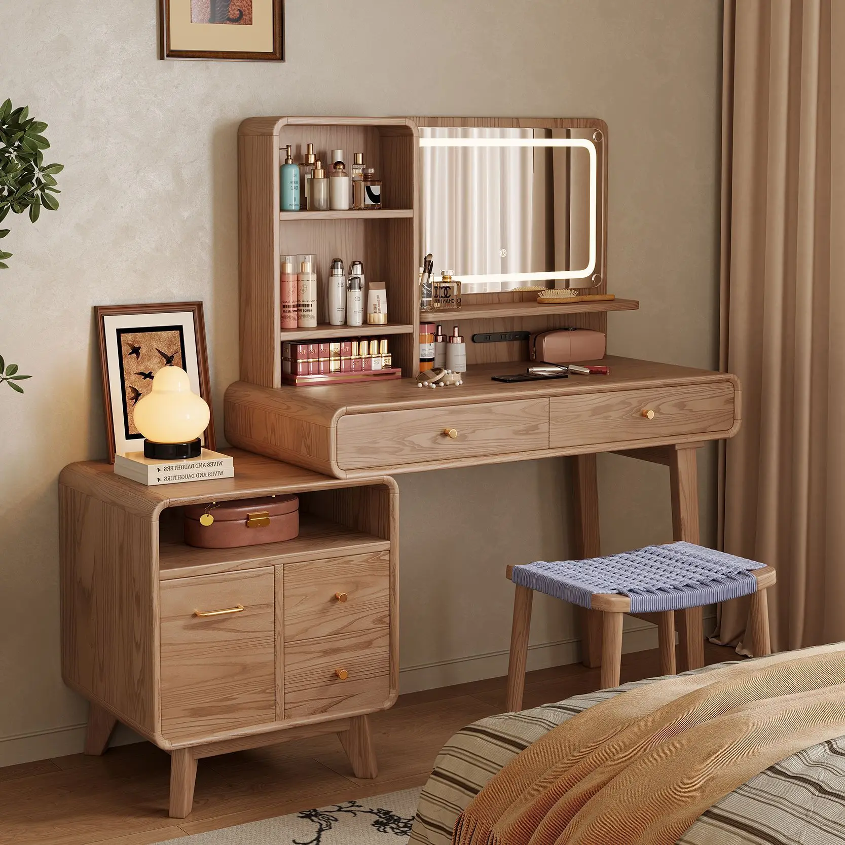 Kommode aus Massivholz, integrierter Schlafzimmerschrank, luxuriöser Aufbewahrungsschrank, multifunktionaler Schminktisch, einfacher Schreibtisch