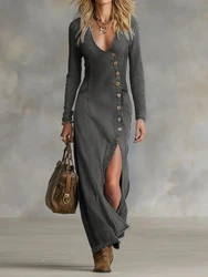Women Elegant Solid Long Party Dress Ladies Sexy Deep V Neck Buttons Maxi Dress Retro Style Femme Casual Holiday Dress Vestidos