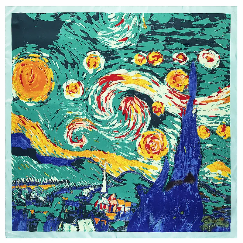 130cm New Van Gogh Starry Sky Oil Painting Scarf Twill Silk Square Scarf Women Kerchief Shawl Scarves For Ladies