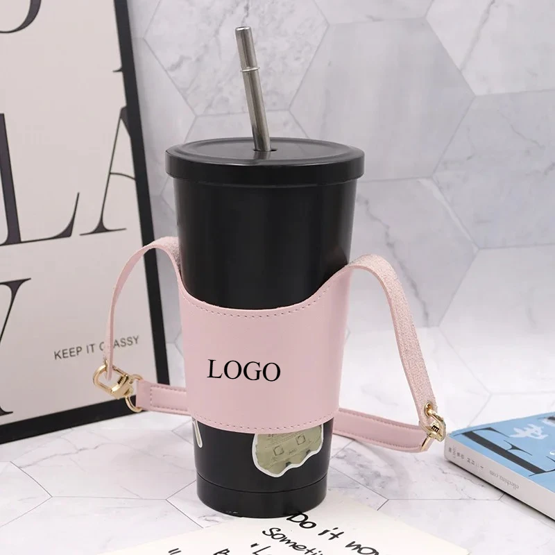 

Чехол для чашки с логотипом компании на заказ, портативный и съемный ремешок для чашки из искусственной кожи, персонализированный изоляционный чехол, подарок, оптовая продажа