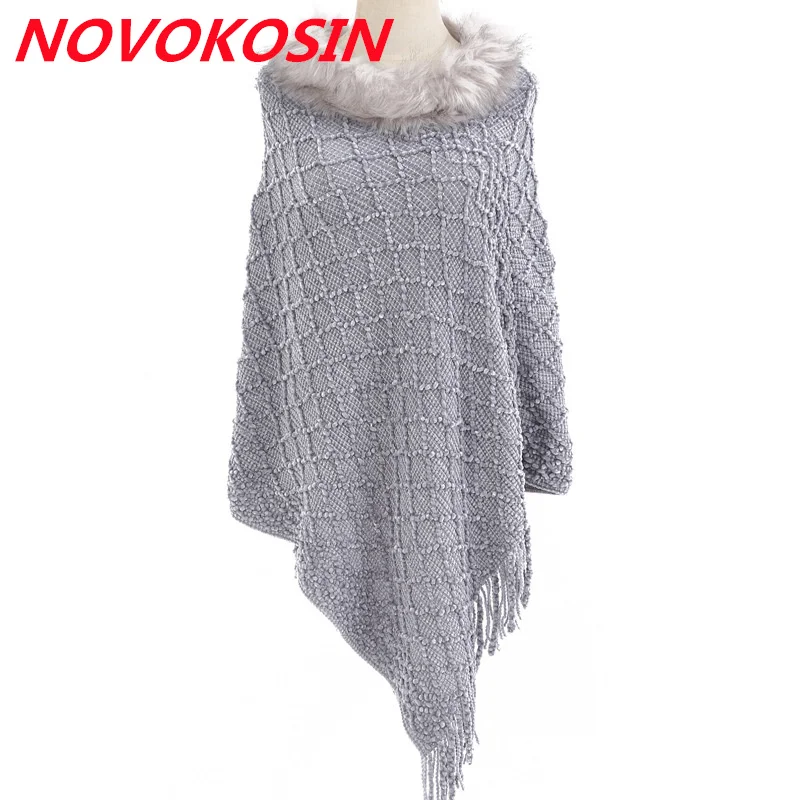 

Women Striped Loose Poncho Capes Winter Knitted Warm Faux Fur Neck Long Tassel Black Grey Pullover Out Street Knitwear