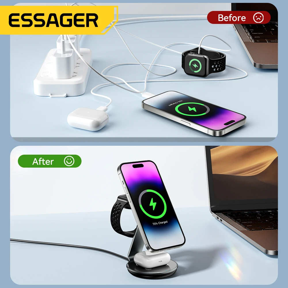 Essager 3 in 1 Magnetic Wireless Charger Bracket for Apple Watch Airpods 15W Fast Charge Dock Station for iPhone 15 14 13 12 Pro