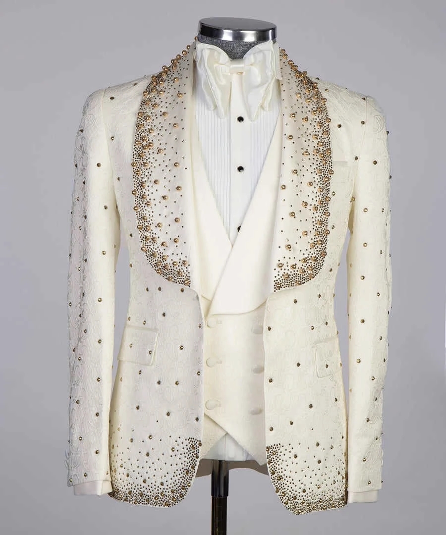 Luxury 2 Piece Suit Men Slim Fit Blazer Handmade Beads Diamonds Jacket Vest Customized Wedding Formal Occasions Groom Tuxedo