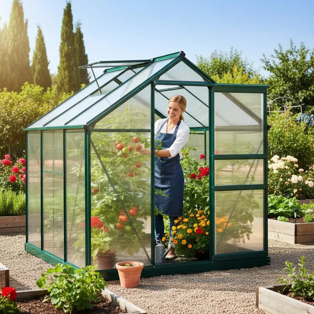 

Теплица 6' x 8' для сада, двора или патио, с вентиляционным отверстием на крыше, водосточным желобом, алюминиевым каркасом, темно-зелеными поликарбонатными панелями, для выращивания растений на открытом воздухе