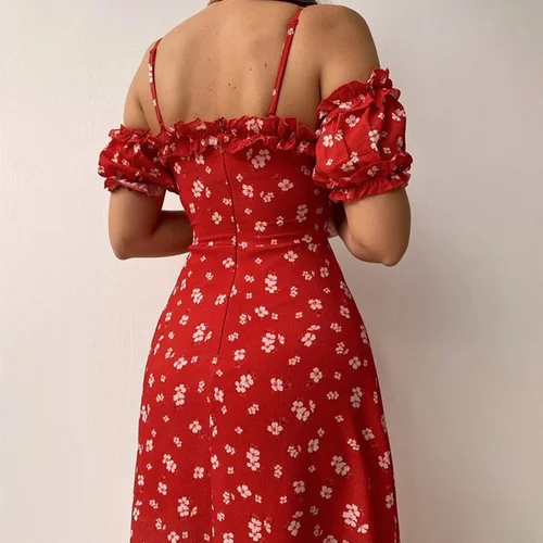 Imagen 2 del producto Nuevo vestido Midi ajustado de manga corta con hombros descubiertos y estampado Floral informal elegante de verano para mujer para fiesta y vacaciones en Club