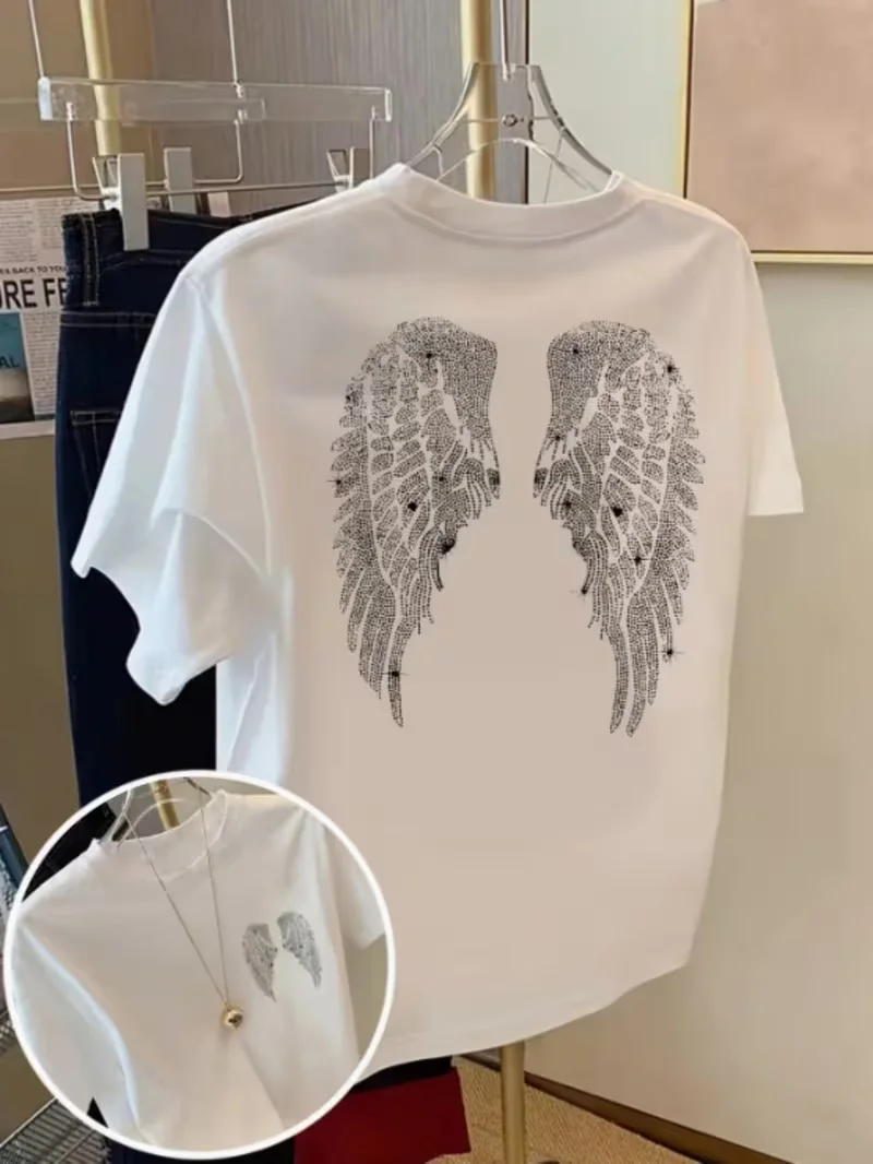 Angel Wings Hot-Pressed Print T-Shirt Front & Back Design Casual Unisex Crew Neck Short Sleeve Versatile Summer Daily Top