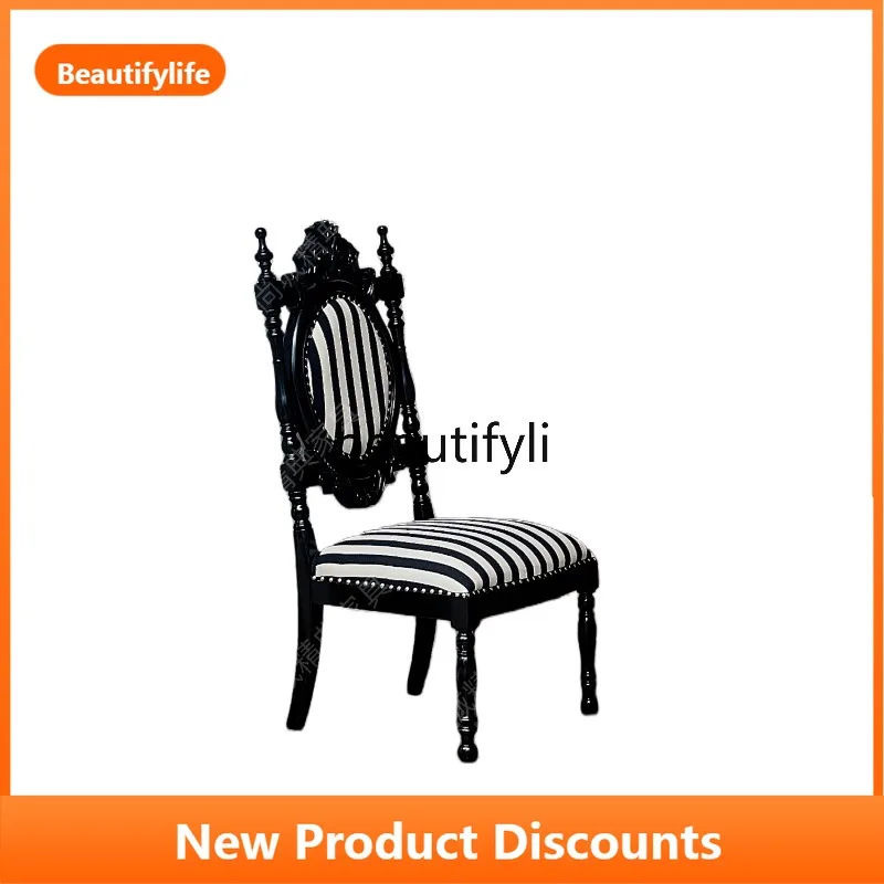 

French Retro Carved Backrest Striped Chair Black Solid Wood Dining Chair Makeup Chair Small Apartment