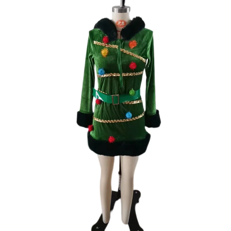 Women Christmas Tree Green Dress Adult Hooded Sequin Fancy Costume with Belt Pom-pom Christmas Costumes Halloween Carnival Party