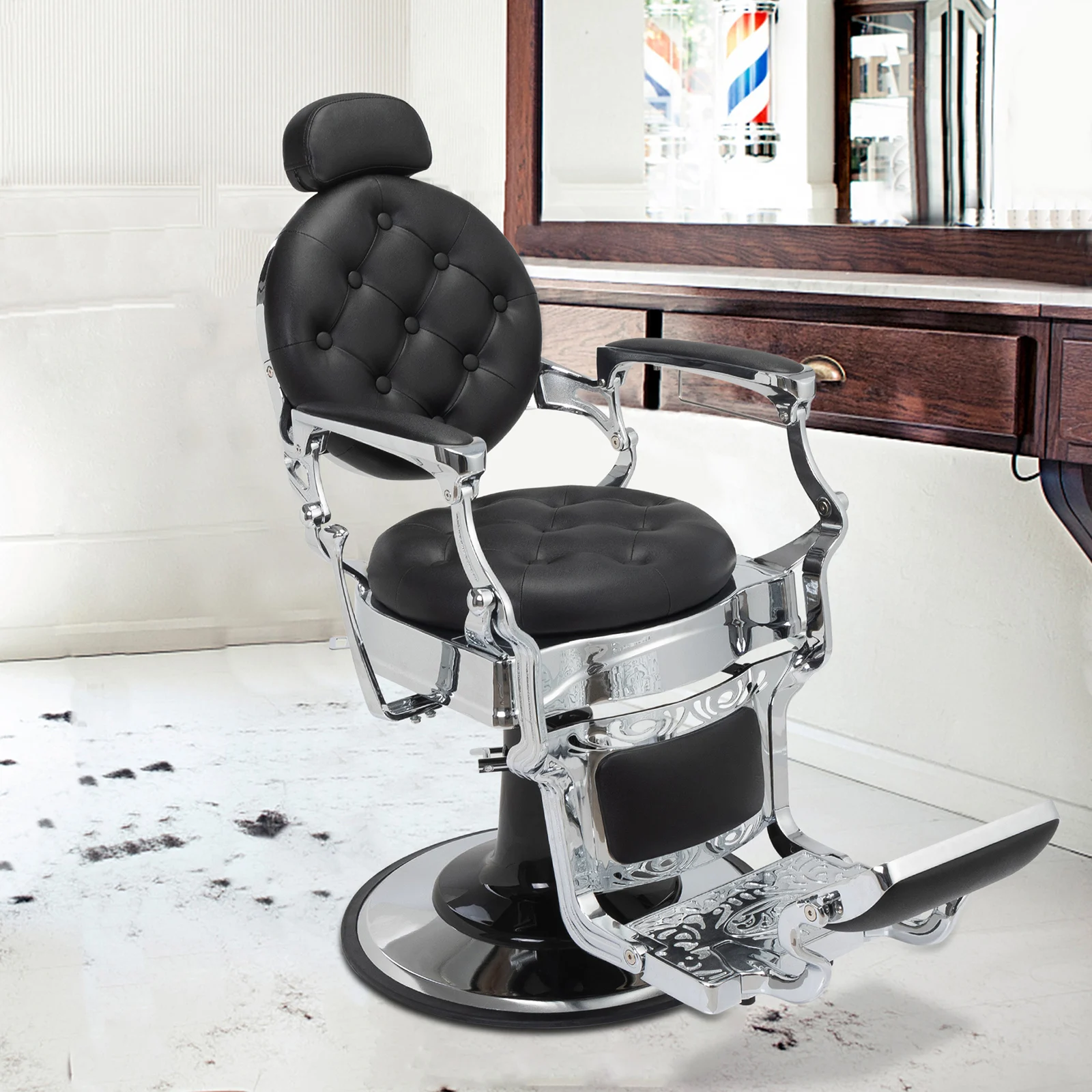 Vintage Barber Chair, Heavy Duty Hydraulic Salon Chair, Recline Salon Chair, Beauty Spa Styling Equipment, Black + Silver