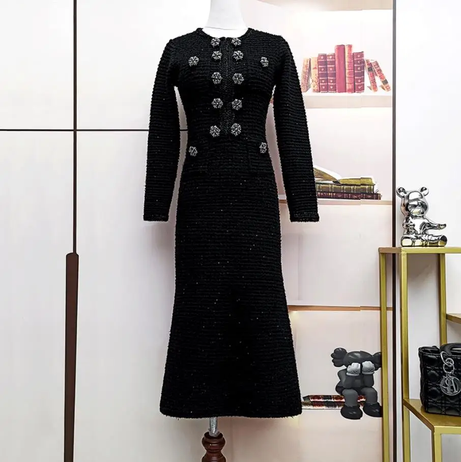 Quality Autumn Winter Diamonds Knitting Sweater Dress Women Long Sleeve Beaded Sheath Pencil Prom Dresses Female Knitwear