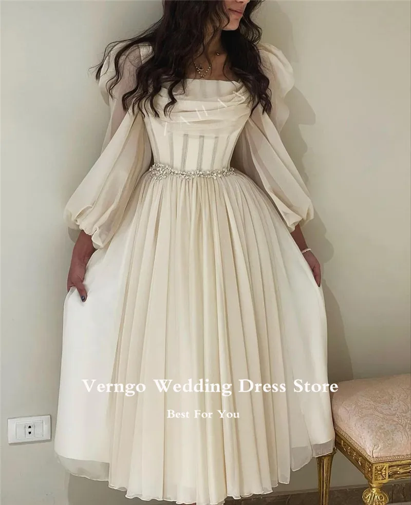 Verngo Vintage Lined Long Sleeves Bride Party Dresses Ankle Length Midi Prom Gowns Tiered Formal Women Evening Dress Wedding