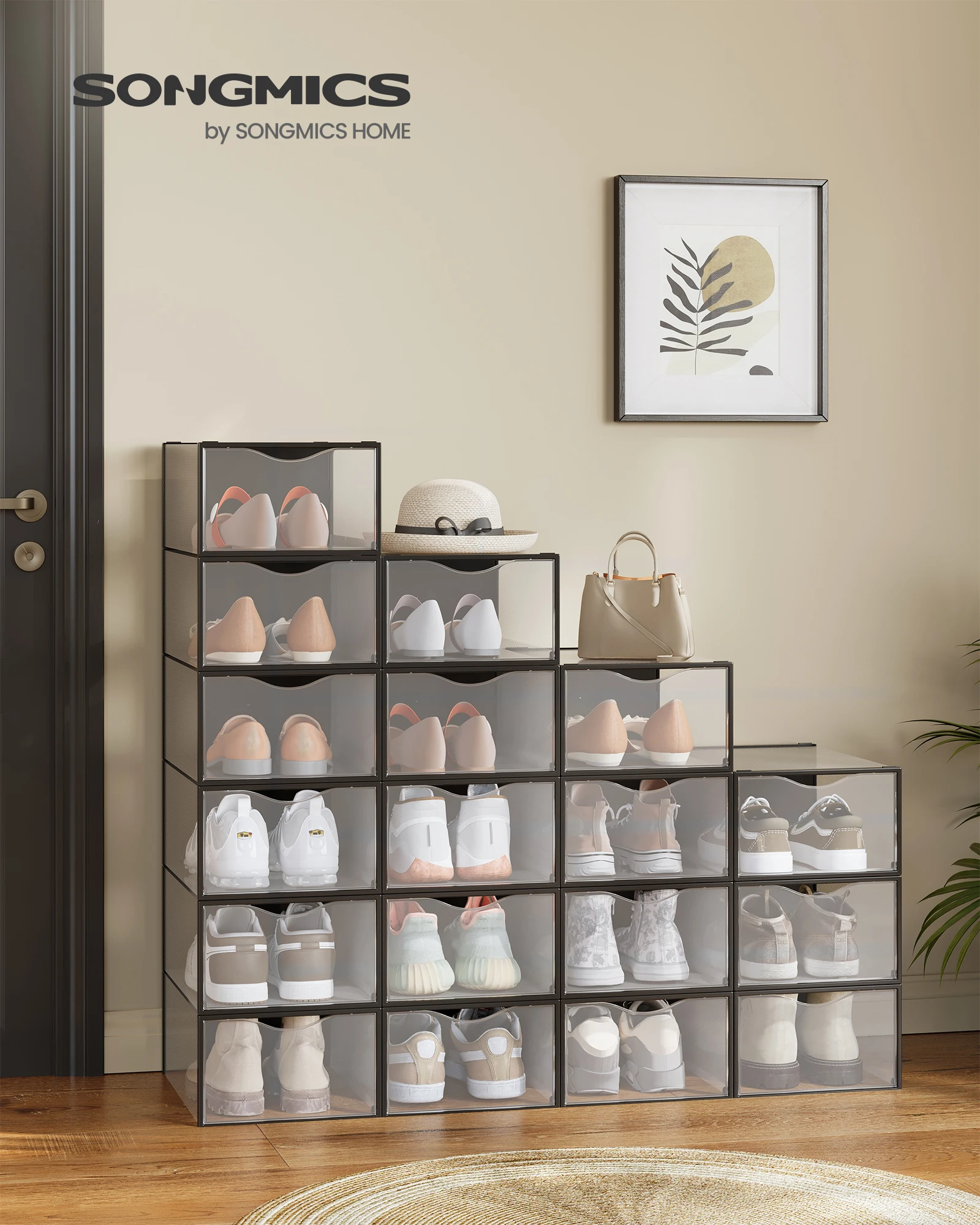 SONGMICS Boîtes à Chaussures, Organisateurs en Plastique, avec Porte, Lot de 18, Empilables, Montage Facile, 33,2 x 23 x 14,5 cm, pour Pointure jusqu'à 43