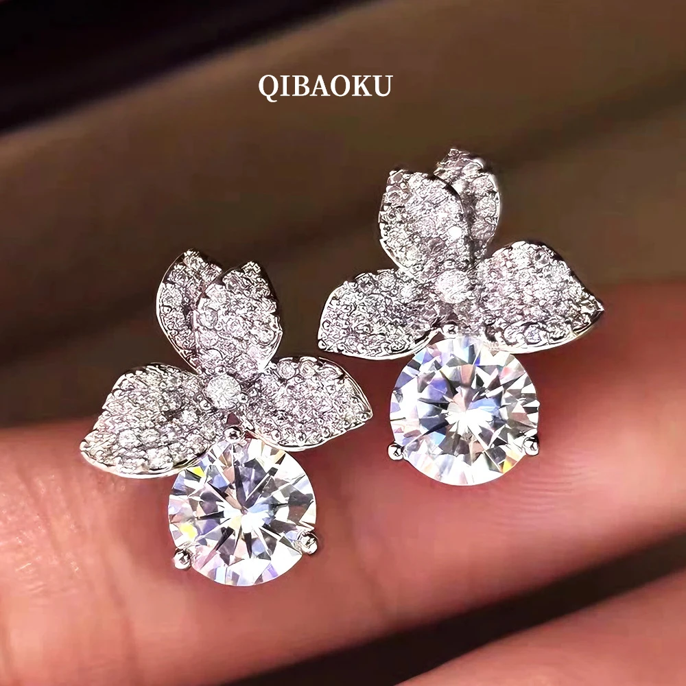 QIBAOKU 2CT Moissanite Stud Earrings S925 Sterling Silver Flower Diamonds Studs for Women Engagement Wedding Gifts Jewelry 2026