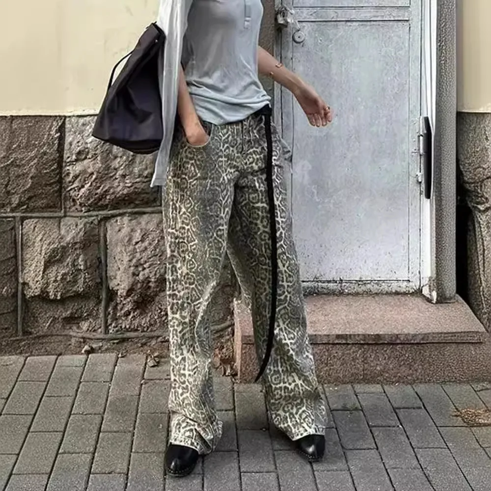 ريترو ليوبارد طباعة الدينيم السراويل عالية الخصر مستقيم الساق شارع العليا Sle المرأة Faion ربيع 2024 الطباعة الرقمية