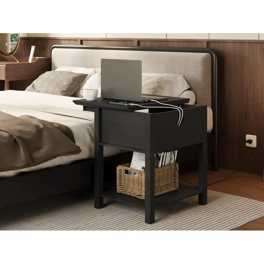 طاولة جانبية منزلقة مع محطة شحن، طاولة جانبية للتخزين بطبقتين، منضدة خشبية لغرفة النوم وغرفة المعيشة باللون الأسود