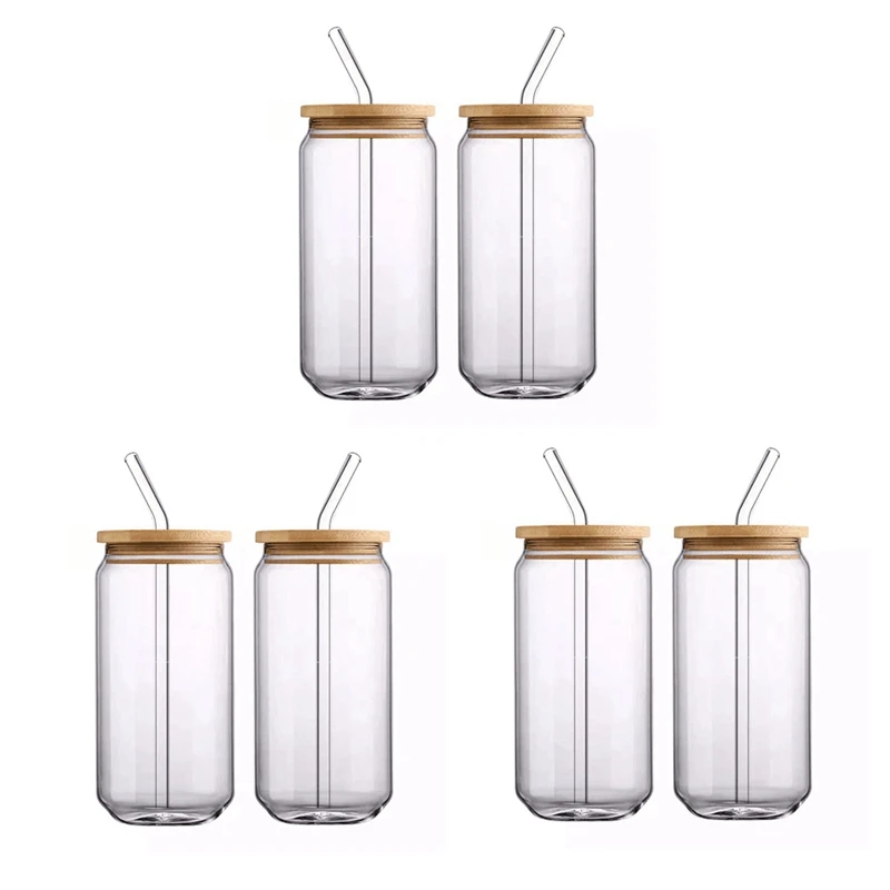 [ 6Pcs Set ] Glass Cups With Bamboo Lids And Glass Straw - Beer Can Shaped Drinking Glasses, 16 Oz Iced Coffee Glasses