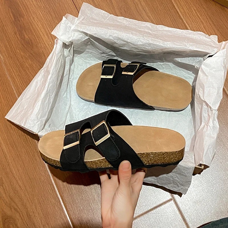 

Beach Flip-flops Round Head Open Toe Cow Suede with Metal Buckle Non-slip Wear-resistant Flats New for Summer