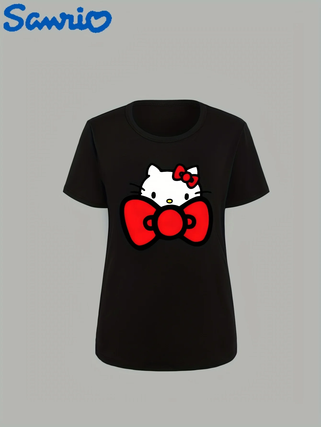 Camiseta de mujer de manga corta con cuello redondo y estampado de dibujos animados bonitos de Hello Kitty, cuello redondo informal, lazo rojo para primavera/verano
