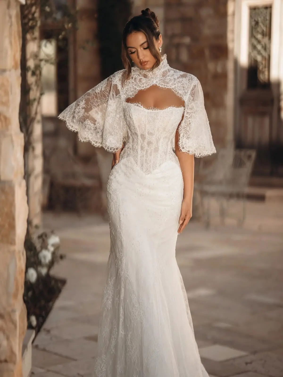 Elegant White Lace Bridal Capelet with High Neck Cut-Out Front Flared Sleeves Wedding Shoulder Wrap Bolero Customized J26704