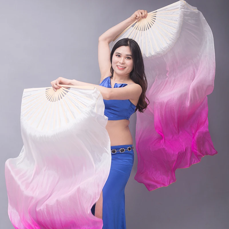 Hot Selling Kid and Women Belly Dancing Fan 1 Pair Gradient Color Dancer Practice Long Real Silk Fan 150/180x90cm Real Silk Fans