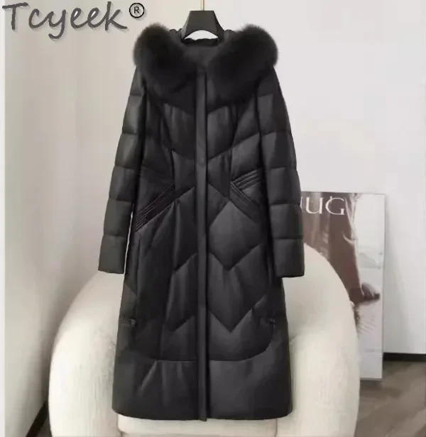 Tcyeek chaqueta de cuero genuino para mujer 2024 abrigos largos de piel de oveja ropa de mujer invierno 90% plumón de pato blanco abrigo cálido Cuello de piel de zorro