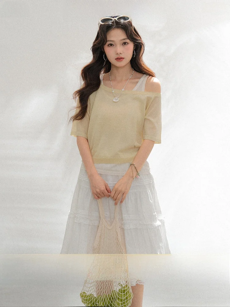 

Loveheynew Slim Fit oulder Bared Thin Button up Tank Top Vest Two Piece Set Women Summer Korean Sle Faion Ensemble