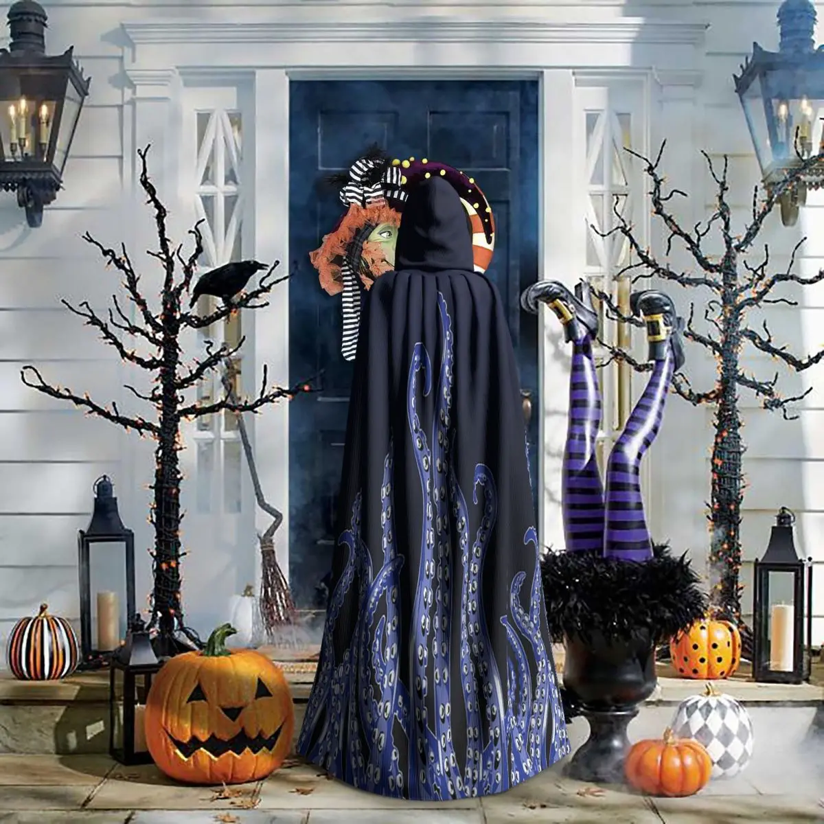 الأخطبوط مخالب الإطار الأزرق الداكن طويل مقنعين عباءة الساحرة القرون الوسطى زي تأثيري كيب هالوين مصاص دماء الكبار للجنسين