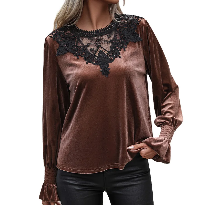 European and American Women's Clothing Temperament Velvet T-shirt Lace Patchwork Top with Loose and Long Sleeved Cuffs