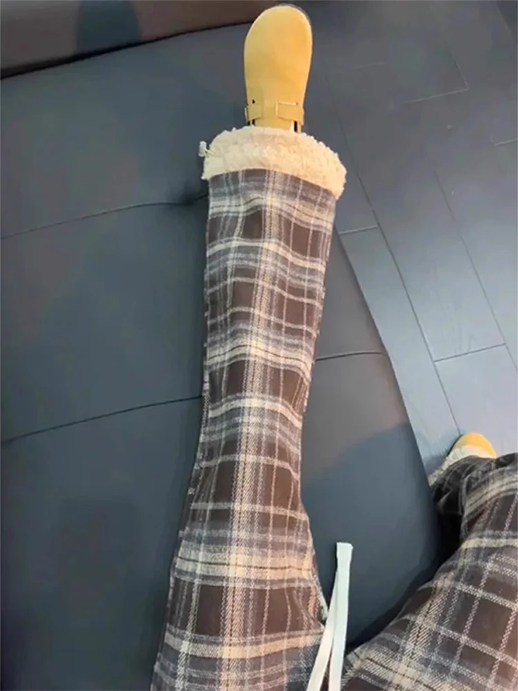 

Caramel Fce Lined Thiened Lamb Fur Plaid Pants Men's Winter Northeastern Warm Cotton Loose Casual Wide Leg Pants