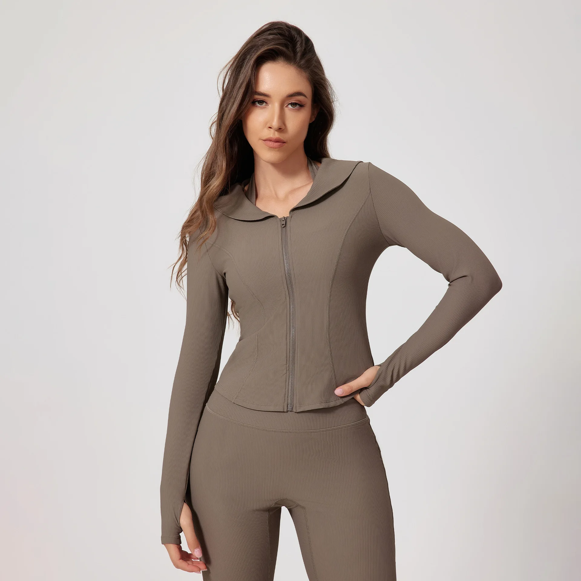 

Women's Collared Zip-Up Yoga Jacket, Textured Ribbed Long Sleeve Gym Coat, Slim Fit Stretch Quick Dry Running Fitness Sportswear