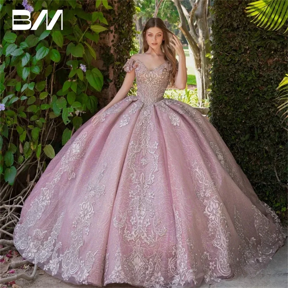 Dusty Rose Sweet 15 16 Dresses  Ballgown Tulle Prom Dress Off Shoulder Quinceanera Dress 2024 Floral Lace Beads Dresses