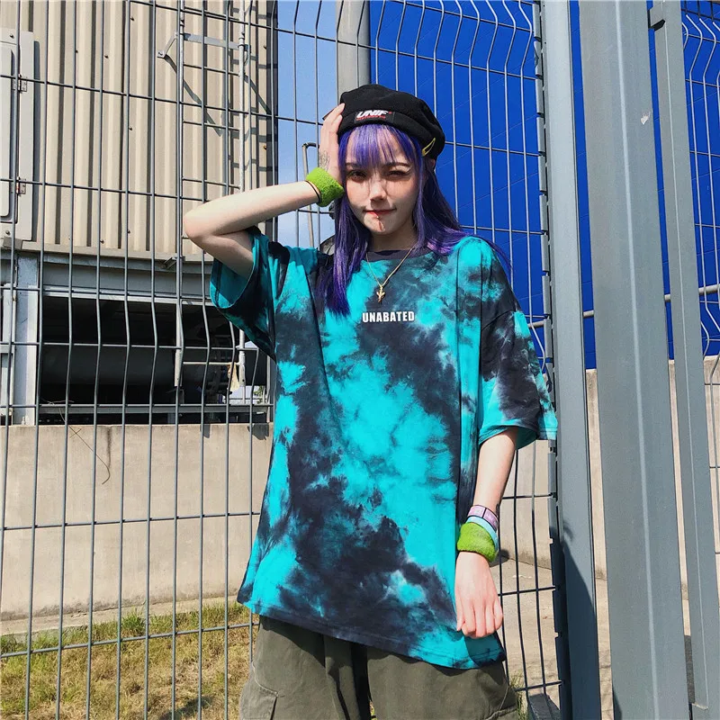 Roupas vintage de rua Y2K punk Harajuku tie dye top de manga curta para mulheres de verão 2024 moda em torno do pescoço solto hip-hop