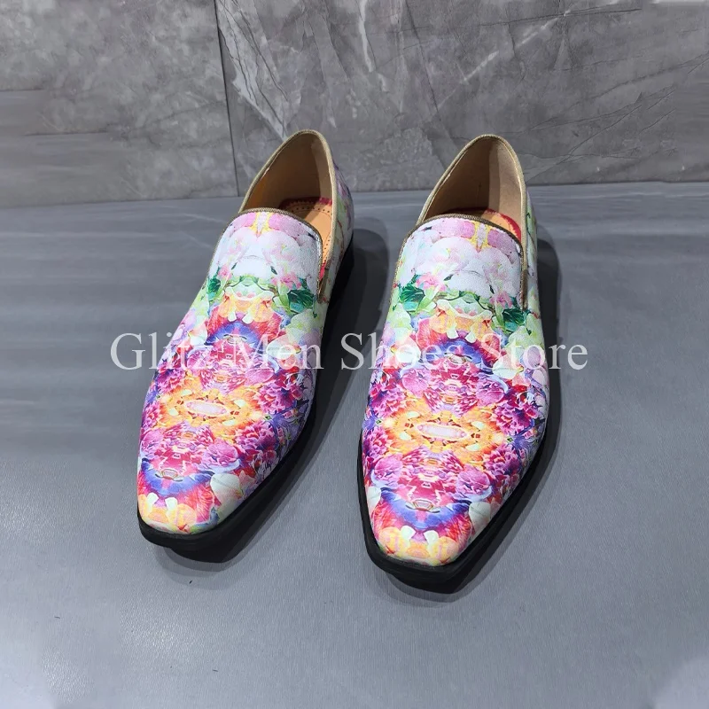 Colorful Printed Loafers Business Men's Shoes 2024 Stylish Small Square Toe Flat Leisure Handmade Banquet Weeding Dress Shoes