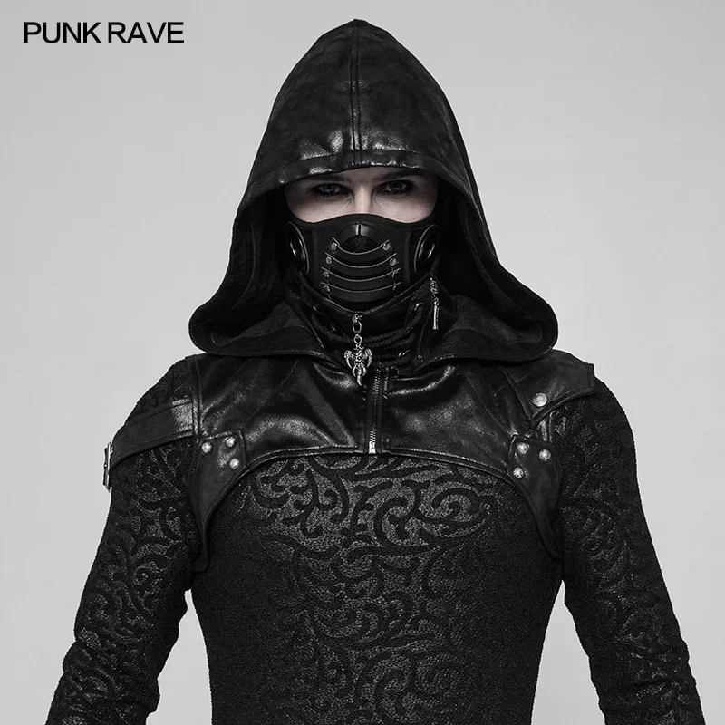 PUNK RAVE Gothic Performance Punk Rock Unisex Steampunk Party Cospaly Hooded Black PU Accessory  Crack Skin Fabric Stitching