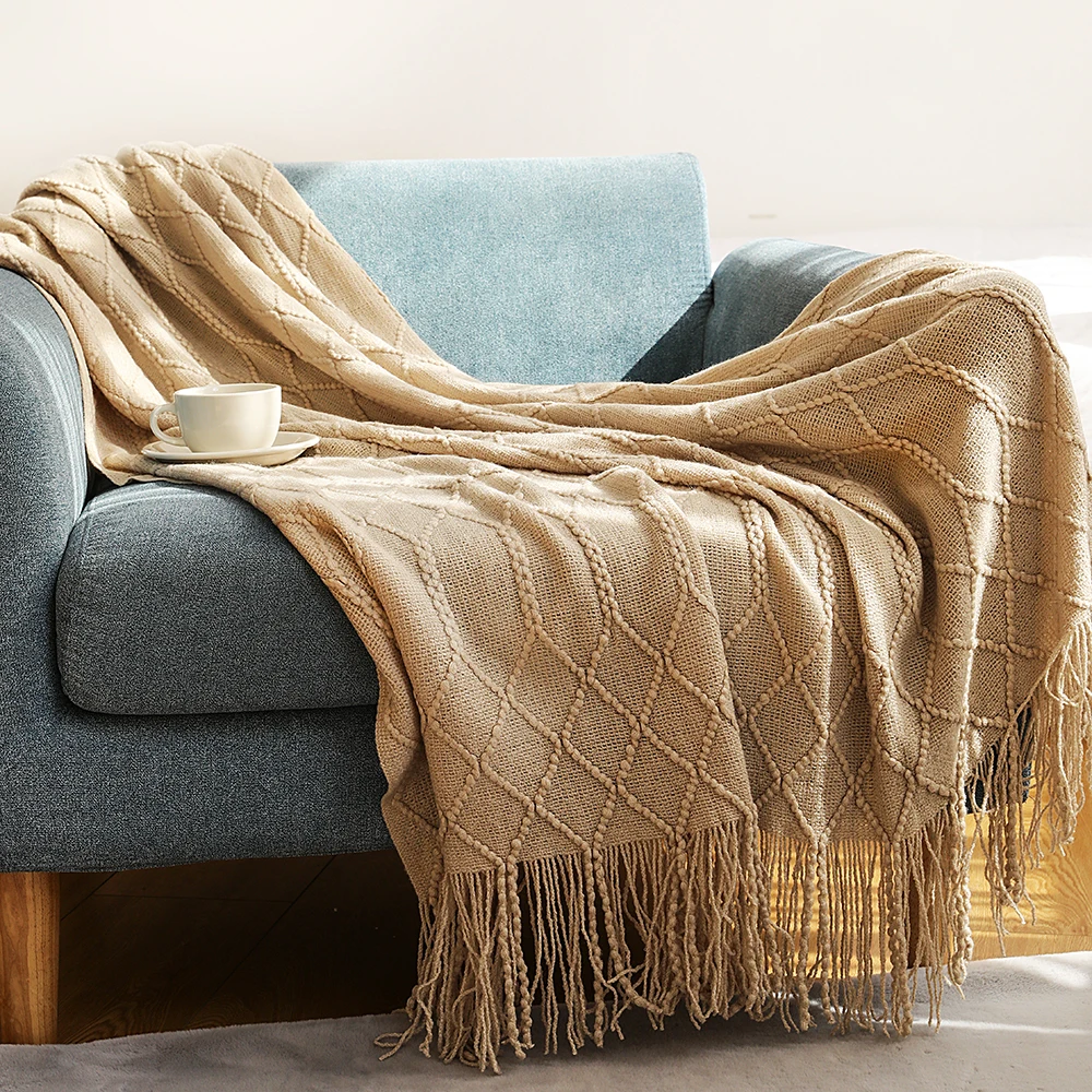 

Solid Soft Throw Blanket Sofa Towels with Tassel Knitted Blanket Office Nap Shawl Bed Bedspread Leisure Air Conditioning Blanket