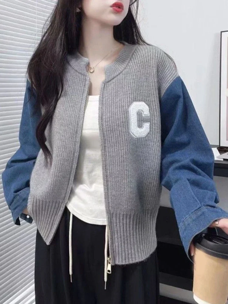 Fashion Denim Patchwork Knitted Cardigan Women Preppy Style Korean Zipper Sweater Jacket Casual Letter All Match Fall Tops