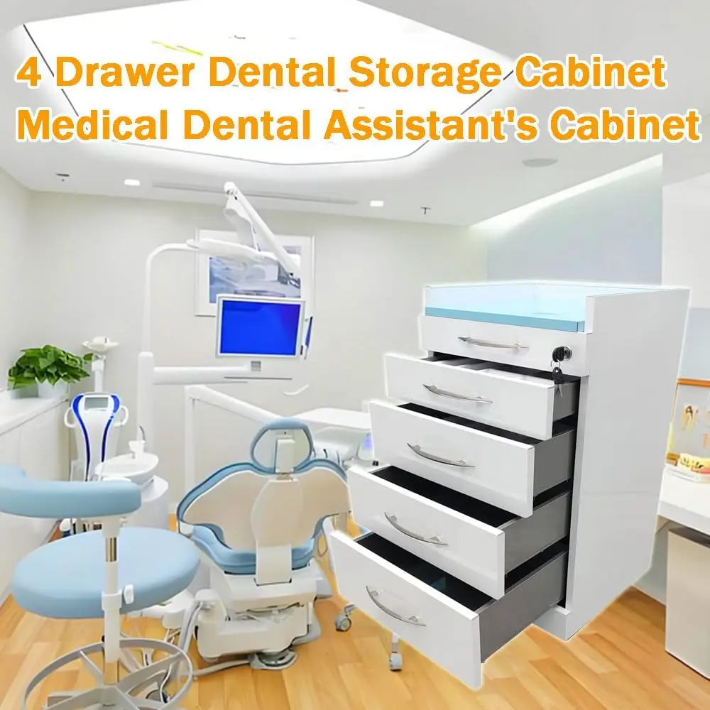 ตู้เก็บของอเนกประสงค์สำหรับทันตกรรม 4 ลิ้นชัก พร้อมรถเข็นเก็บของสแตนเลสแบบเคลื่อนย้ายได้ พร้อมพาเลท 2 ใบ