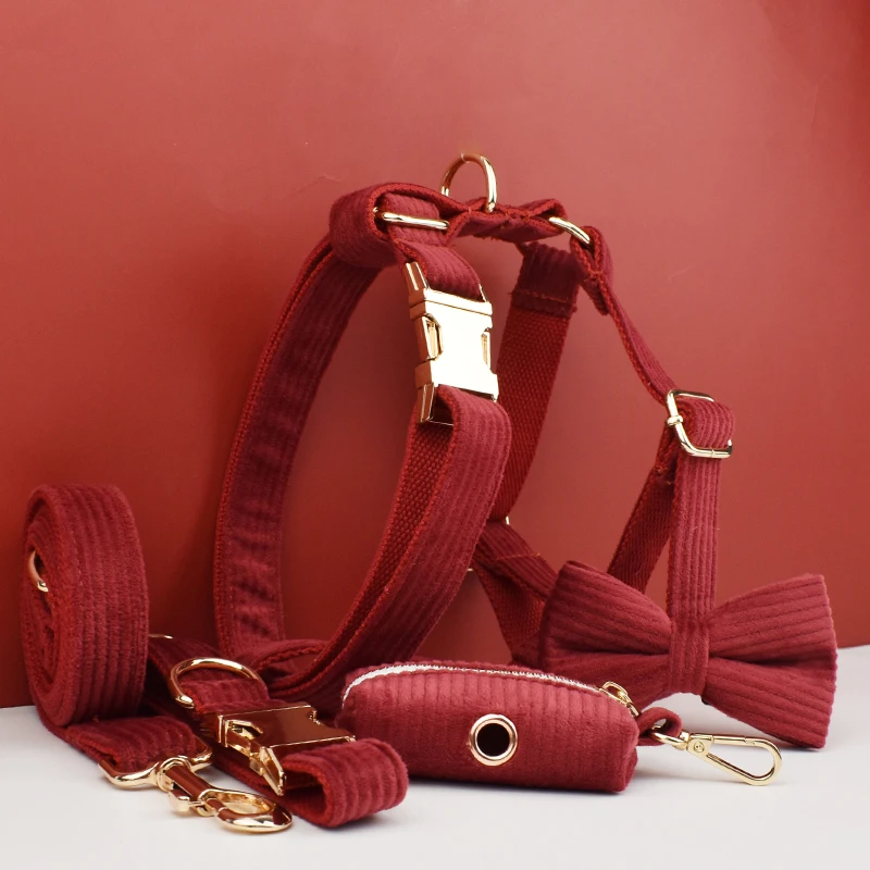 Top Seller Custom Logo Corduroy Dog Collars Leashes Harness Poo Bag Holder Bow Set Webbing For Sublimation Luxury Corduroy13