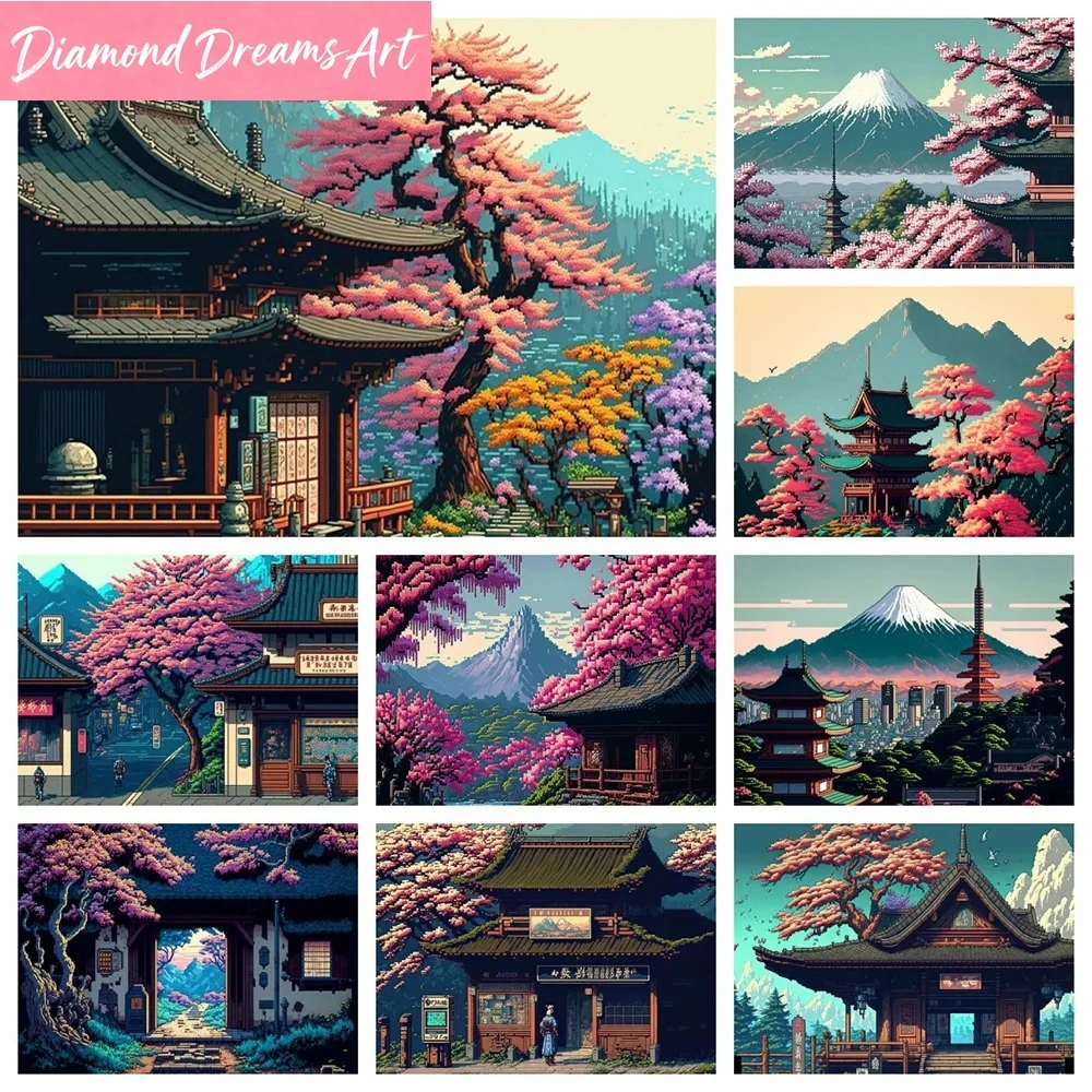

DIY Diamond Mosaic House Needlework Street Landscape Embroidery Japan Tree Diamond Painting New 2024 Handmade Gift,frameless