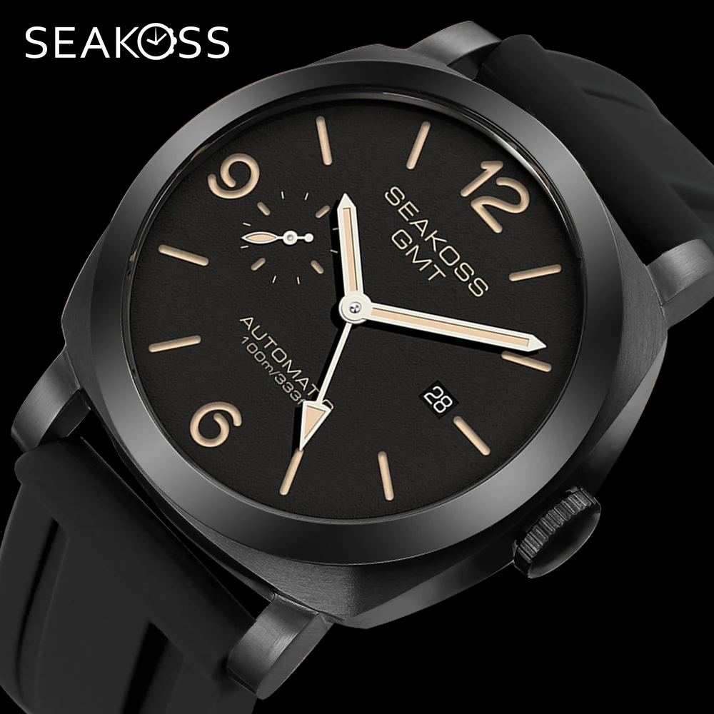 SEAKOSS 100 متر الغوص الرجال GMT ساعات آلية أوتوماتيكية 1963 ساعة 2557 حركة النورس سوبر مضيئة الياقوت ساعات المعصم