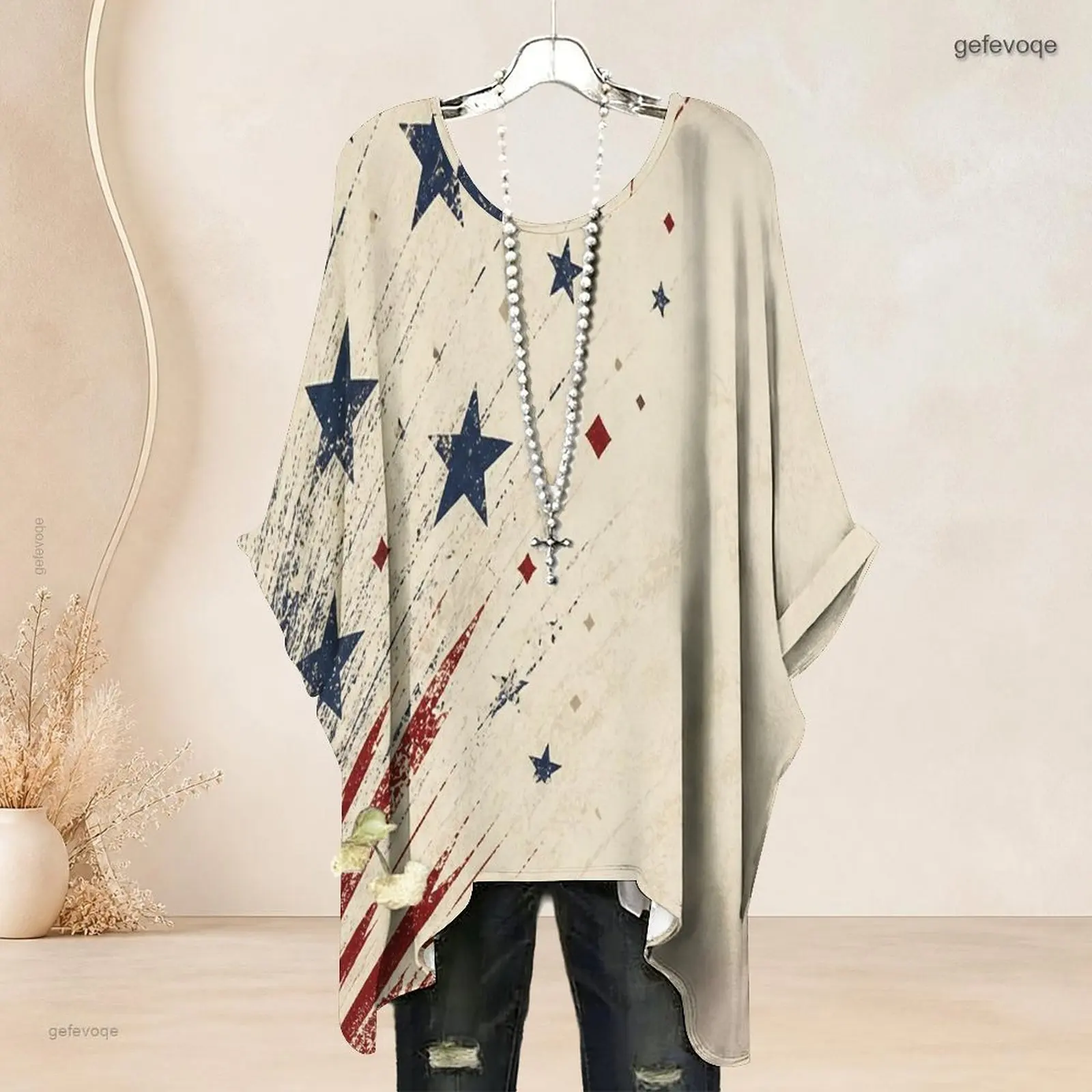 Women Batwing Sleeve T Shirt Casual Loose O Neck Irregular Hem Blouse Print Oversized Ladies Tops