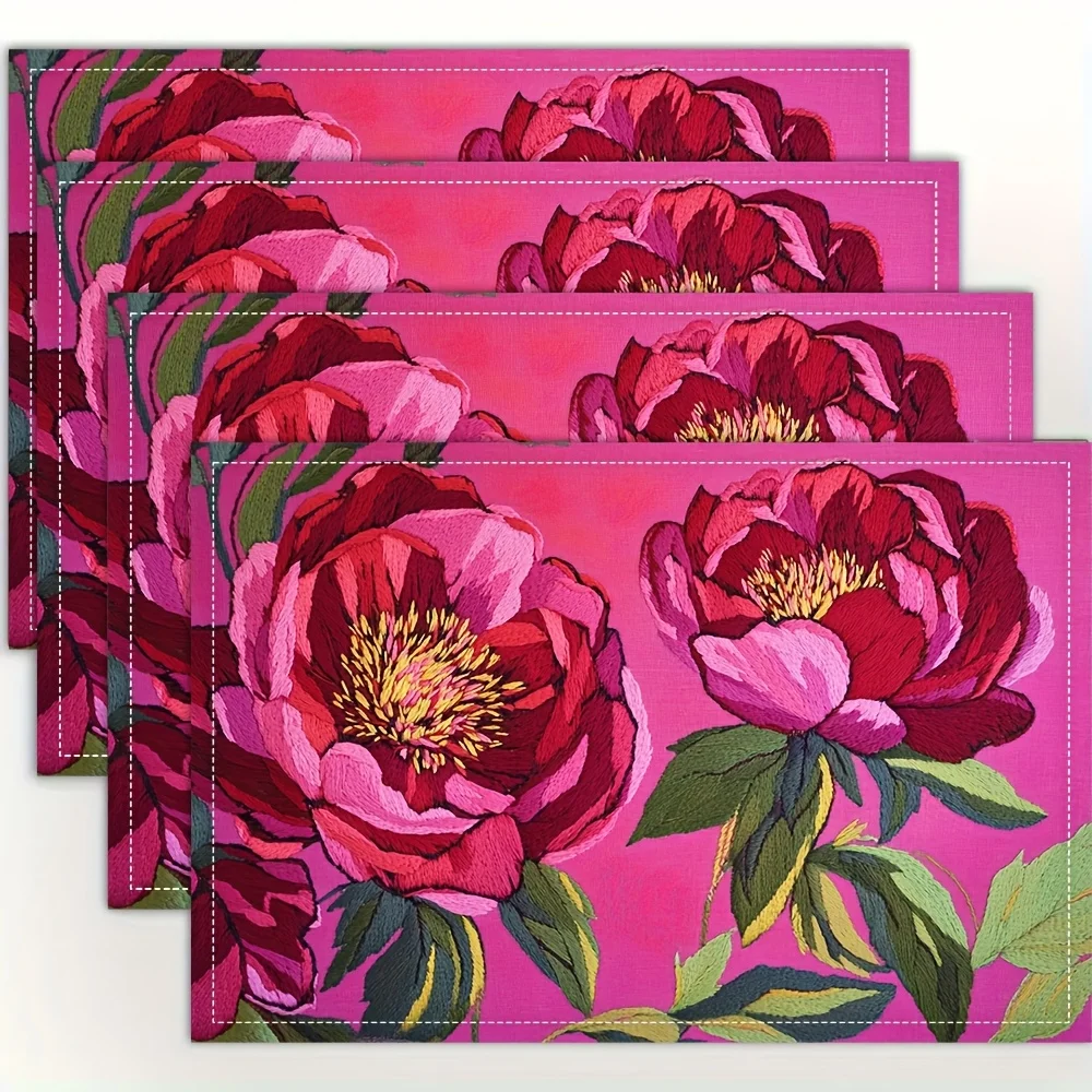 2d flat printing, Pink Peony Flower Placemats Embroidered Linen Table Mats for Dining Table Kitchen Home Decor Gift(table mats)