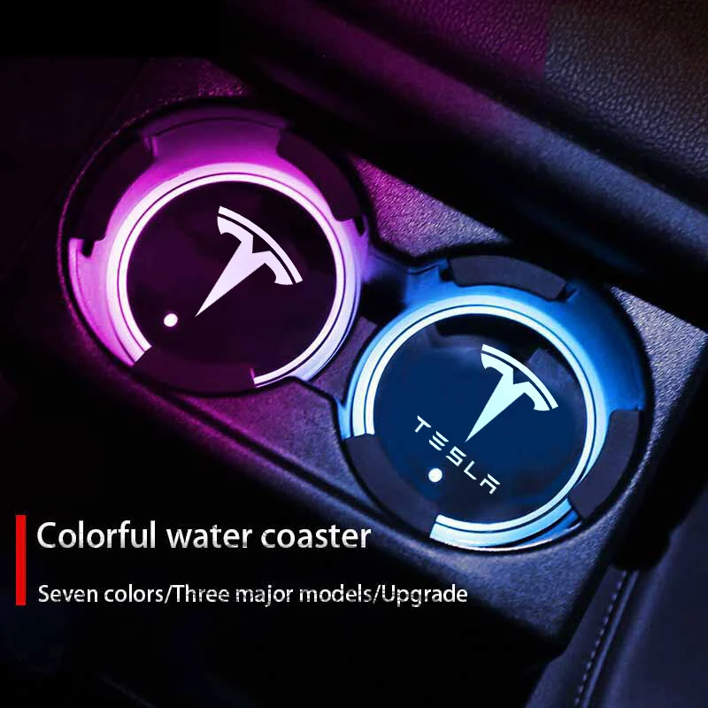 2Pcs 7 Colors Car LED Luminous Water Cup Pads Auto Coaster Mats for Tesla Model Y Model 3 Model S Model X Auto Accessories