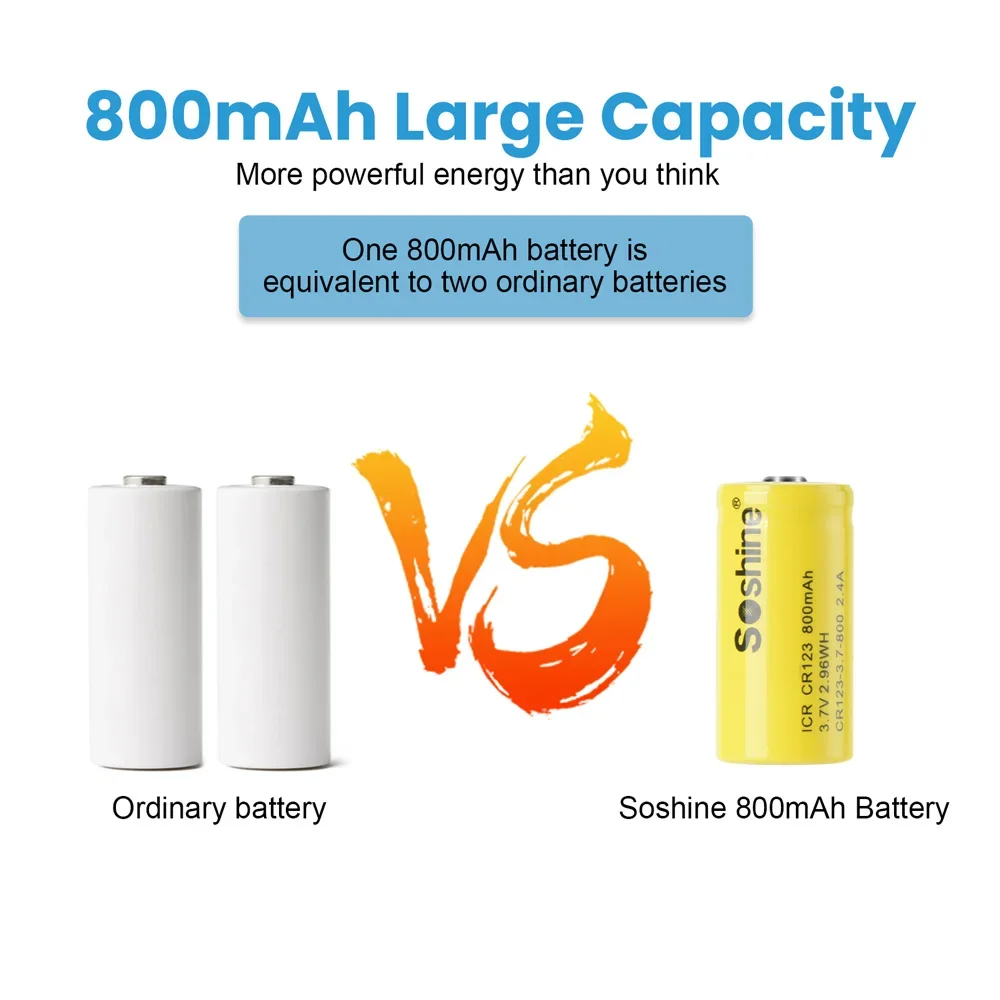 Soshine CR123 800mAh Lithium Rechargeable Battery 3.7V CR123 CR2 16340 Li-ion Battery Charger 800mAh Batteries for Flashlight