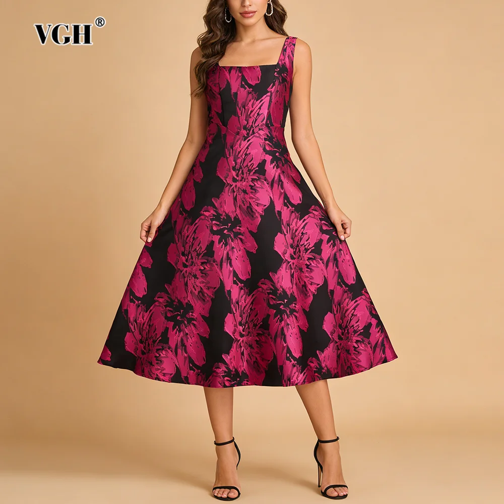 

VGH Elegant Chic Colorblock Floral Print Mid Dress for Women Square Collar Sleeveless A Line Skirt for Casual Business Meeting