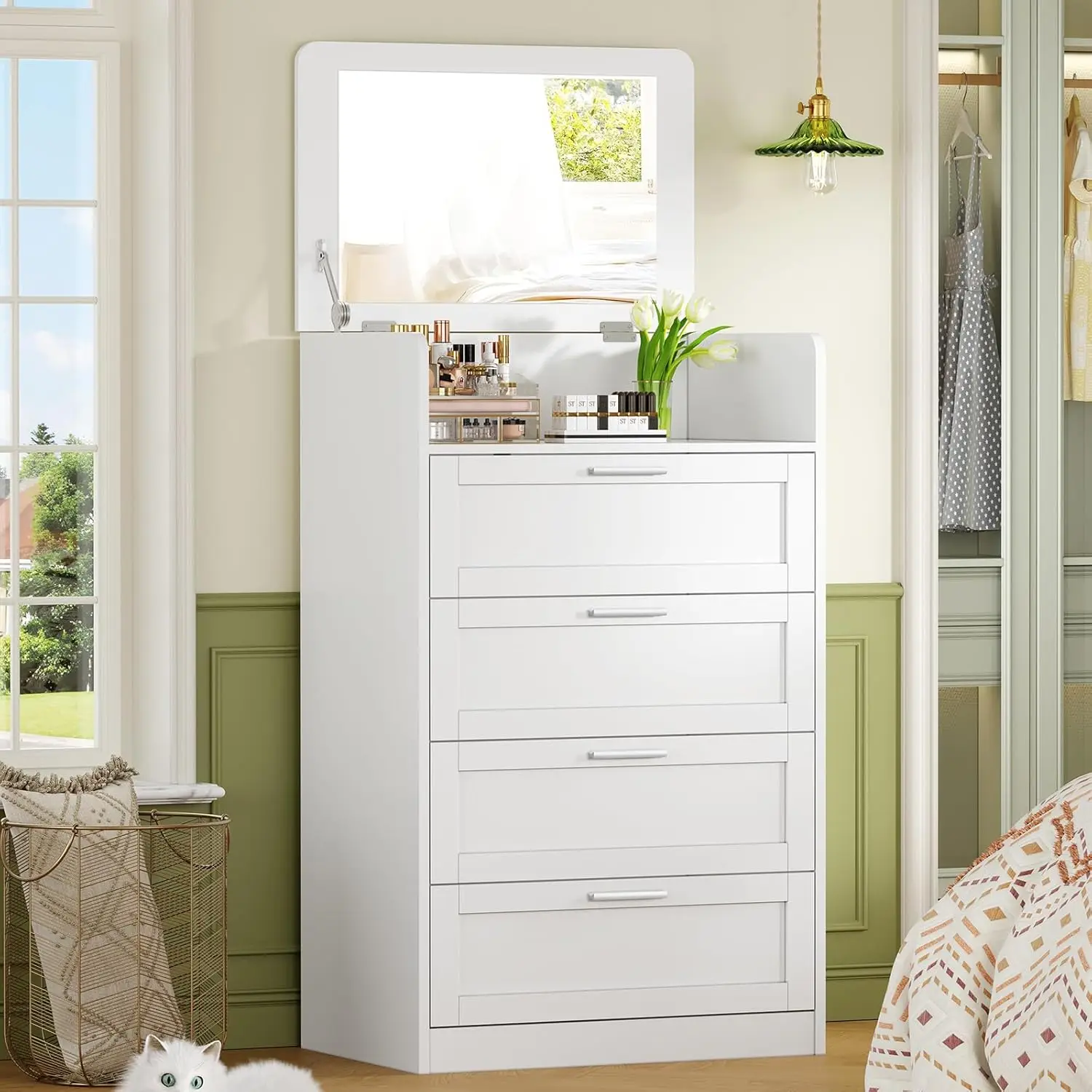 

Dresser for Bedroom, Tall White Dresser with 4 Drawers, Dressers with Mirror, Chest of Drawers for Bedroom, Living Room