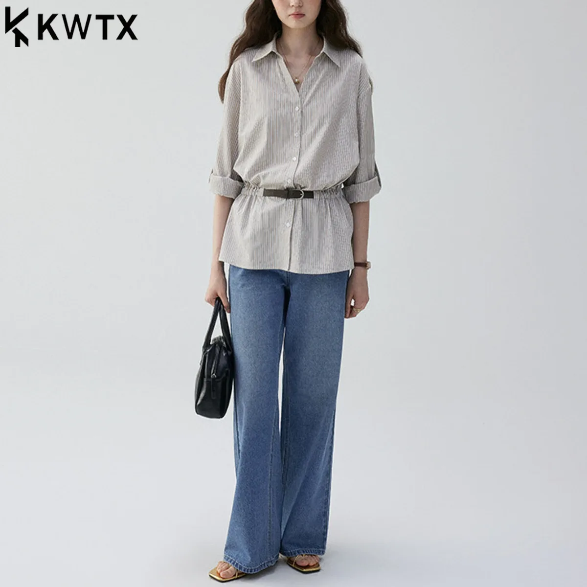 

2026 Autumn New Women’s V Neck Striped Tie Waist Oversized Shirt Blouse Commuter Office Elegant Chic Casual Loose Fit Fall Tunic